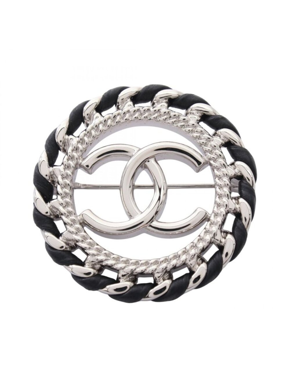 Chanel Brooch CC Logo Circle Black Leather